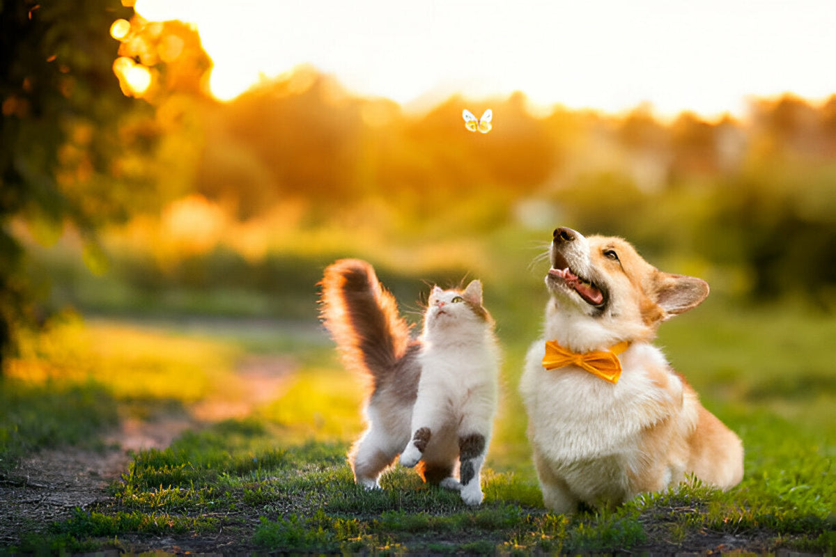 A Cat and Dog Outdoors chasing a Butterfly