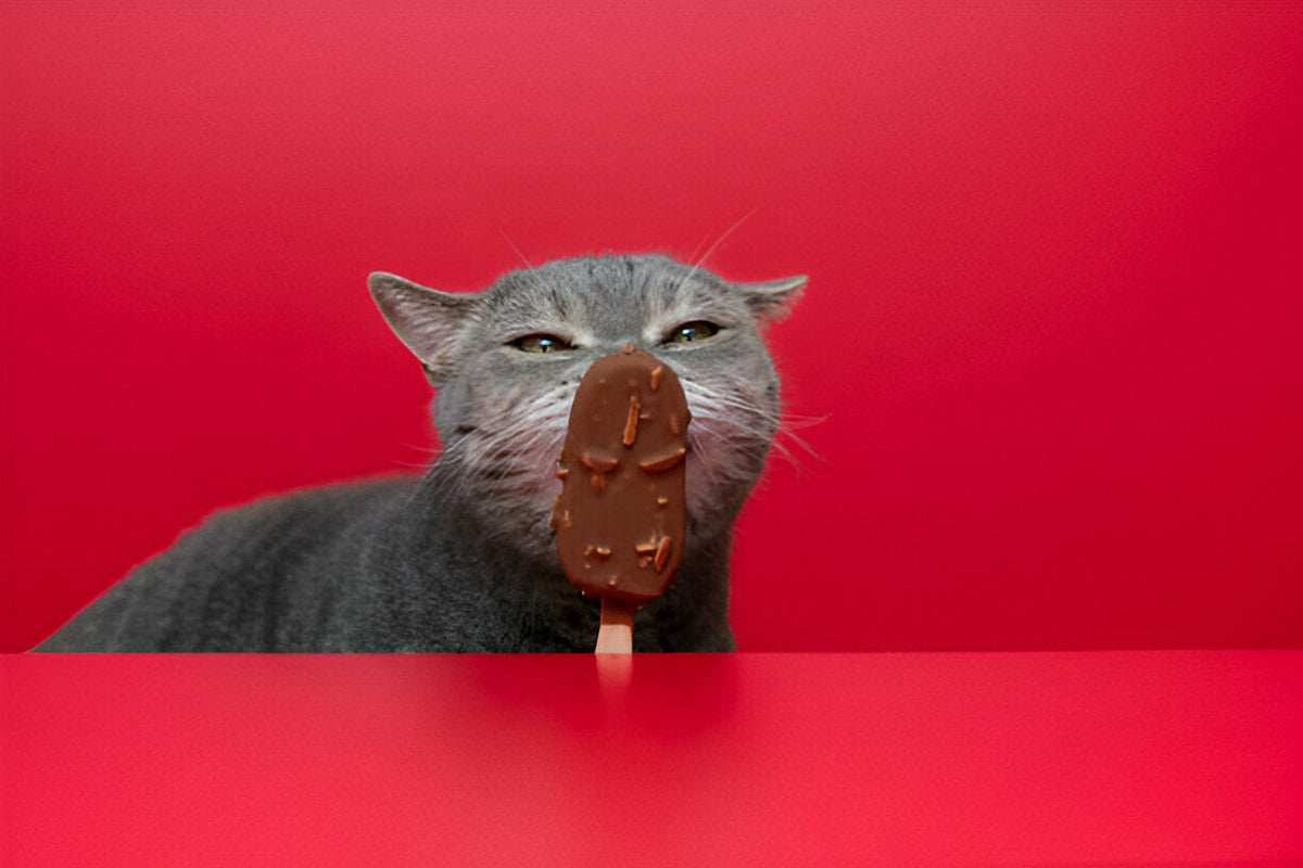 A Cat licks the Ice cream from a stick
