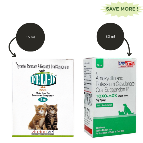 Areion Vet Feli D Kitten Deworming Suspension (15ml) And Savavet Toxo Mox Dry Syrup (30ml) Combo
