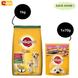 Pedigree 100% Vegetarian Dry and Chicken Chunks in Gravy Wet Puppy Dog Food Combo