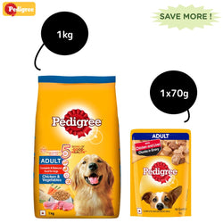 Pedigree Chicken and Vegetables Dry and Chicken and Liver Chunks in Gravy Wet Adult Dog Food Combo