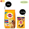 Pedigree Chicken and Vegetables Dry and Chicken and Liver Chunks in Gravy Wet Adult Dog Food Combo Exclusive Combo Pedigree 20kg + 15x70g