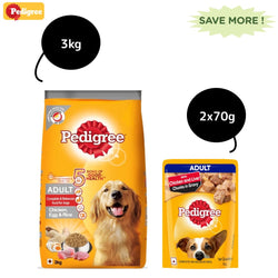 Pedigree Chicken, Egg and Rice Dry and Chicken and Liver Chunks in Gravy Wet Adult Dog Food Combo