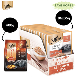 Sheba Fish with Sasami Premium Cat Wet Food and Sheba Chicken Flavour Irresistible All Life Stage Cat Dry Food Combo