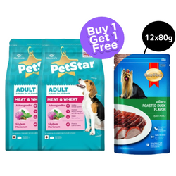 Mankind Petstar Meat and Wheat Dry Food (BOGO) and SmartHeart Roasted Duck In Gravy Wet Food for Dogs Combo