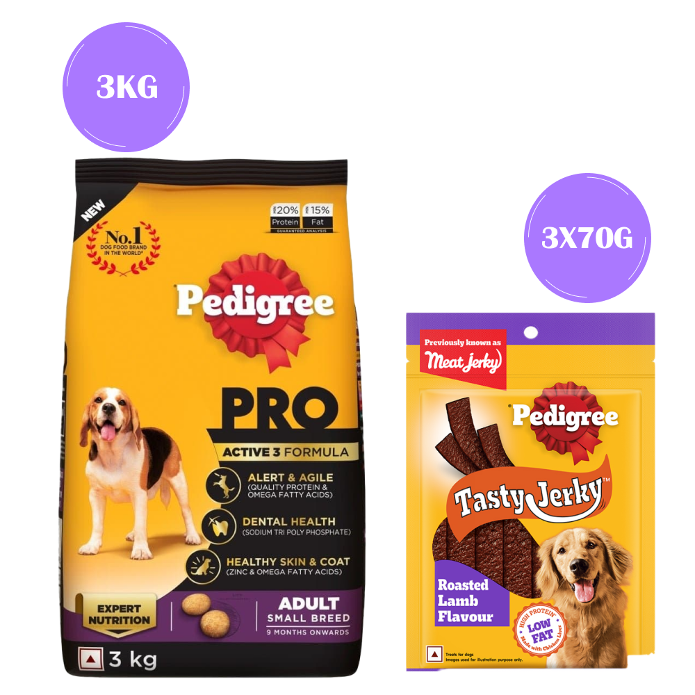 Pedigree PRO Expert Nutrition Adult Dry Food for Small Breed and Pedigree Roasted Lamb Tasty Jerky Treat Combo for Dogs Supertails