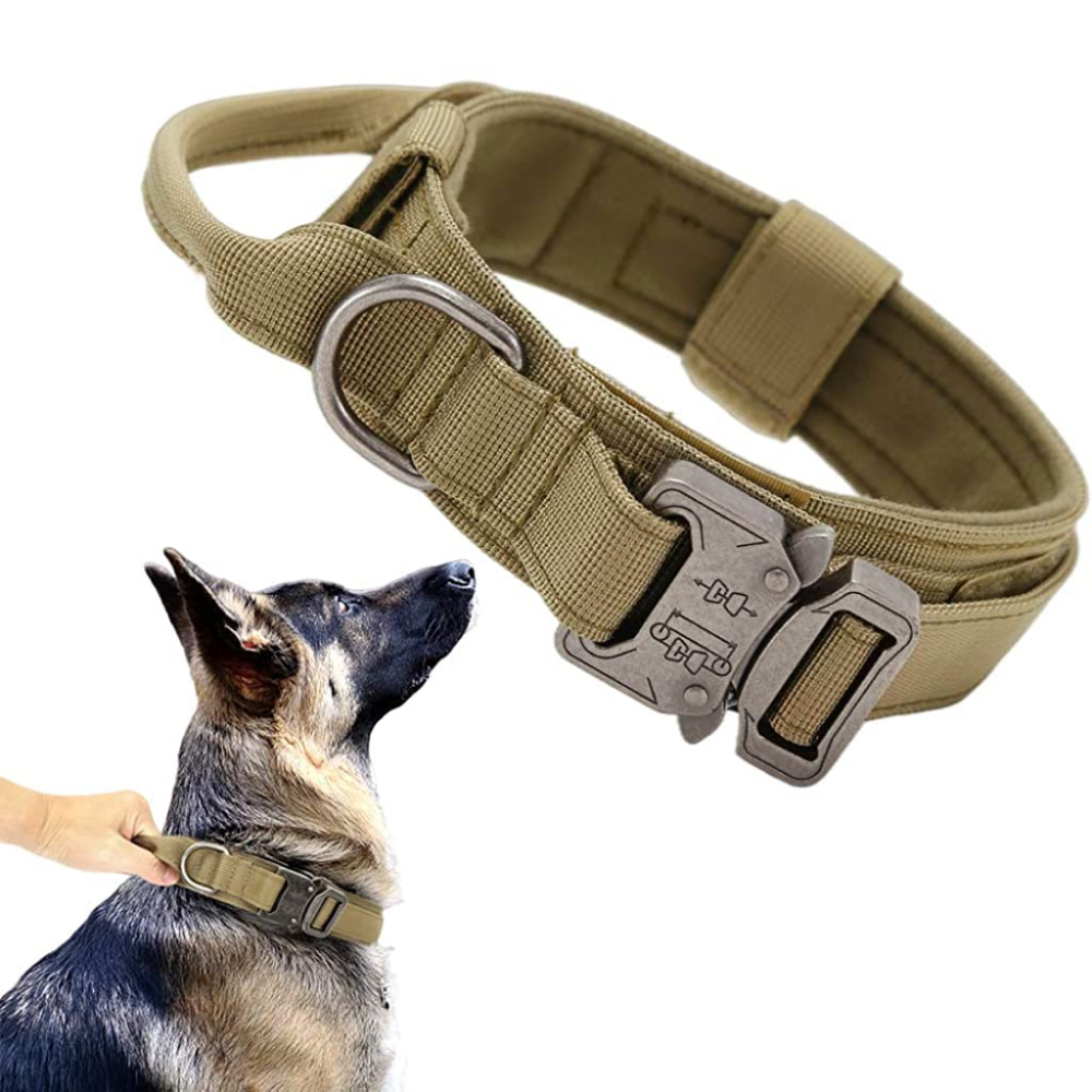 QPets Tactical Adjustable Nylon Collar with Handle for Dogs (Khaki