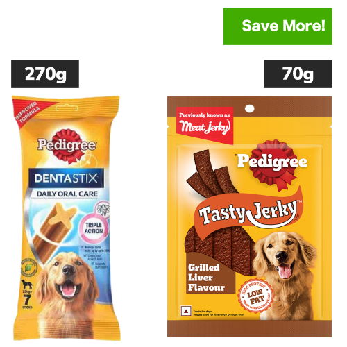 Pedigree Dentastix Oral Care for Adult (Large Breed of 25 kg+) and Grilled Liver Tasty Jerky Dog Treats Combo Supertails