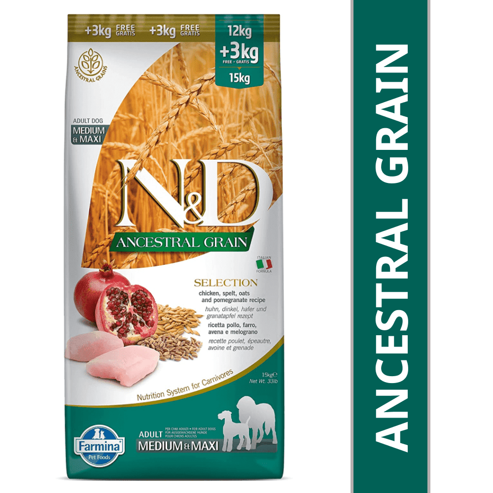 Buy Farmina N D Chicken Pomegranate Ancestral Grain Selection Adult Medium Maxi Dog Dry Food Online Supertails