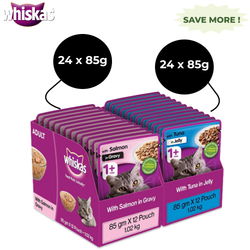 Whiskas Tuna in Jelly Meal and Salmon in Gravy Meal Adult Cat Wet Food Combo
