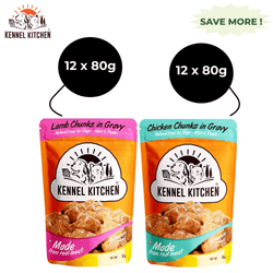 Kennel Kitchen Lamb Chunks in Gravy and Chicken Chunks in Gravy Adult and Puppy Wet Dog Food Combo (12+12)