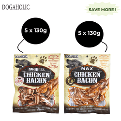 Dogaholic Max Barbeque Chicken Bacon and Noodles Smoked Chicken Bacon Strips Dog Treats Combo (5+5)