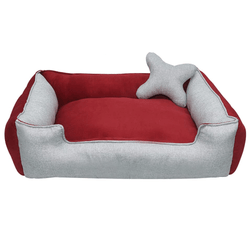 Hiputee Ultra Soft Rectangular Reversible Fleece/Velvet Bed with Pillow for Dogs and Cats (Red, Light Grey)