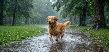 Golden Retriever running in the rain splashing water on a muddy park trail.