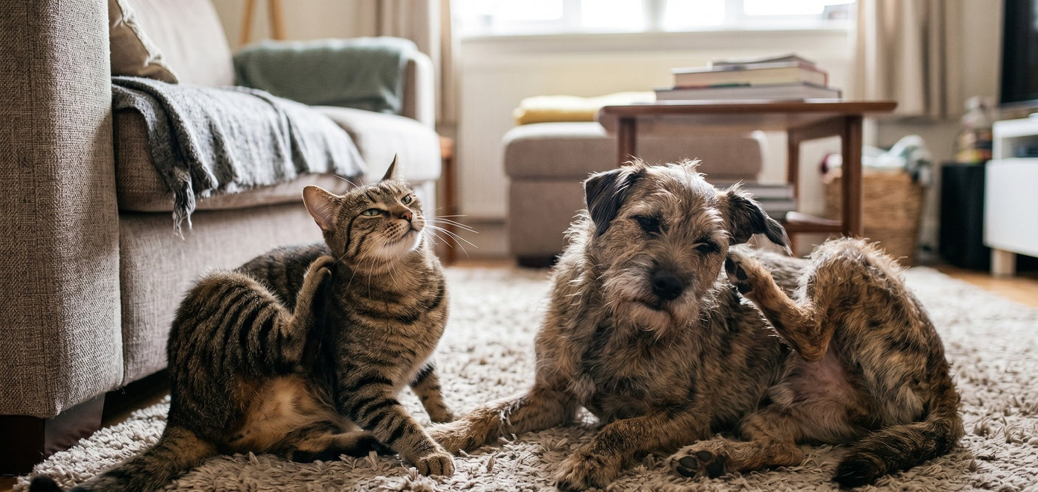 An itchy dog and cat scratching themselves indoors, illustrating the need for effective flea and tick treatment for pets.