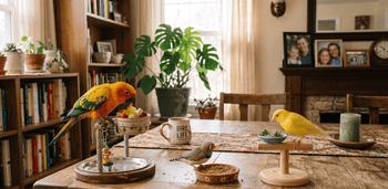 A Sun Conure parrot, a Zebra Finch, and a yellow Canary bird feeding at separate bowls on a wooden table, featured for a guide on the best bird food for parrots, canaries, and finches in India 2026.
