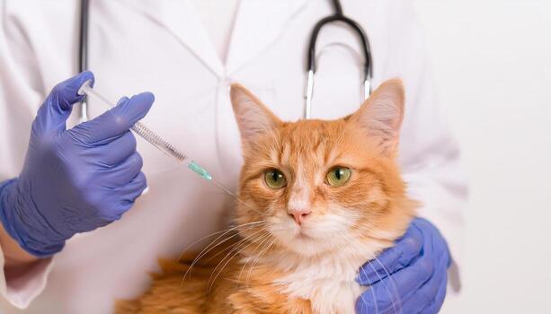 Orange cat being held by a veterinarian while a syringe is prepared for vaccination.