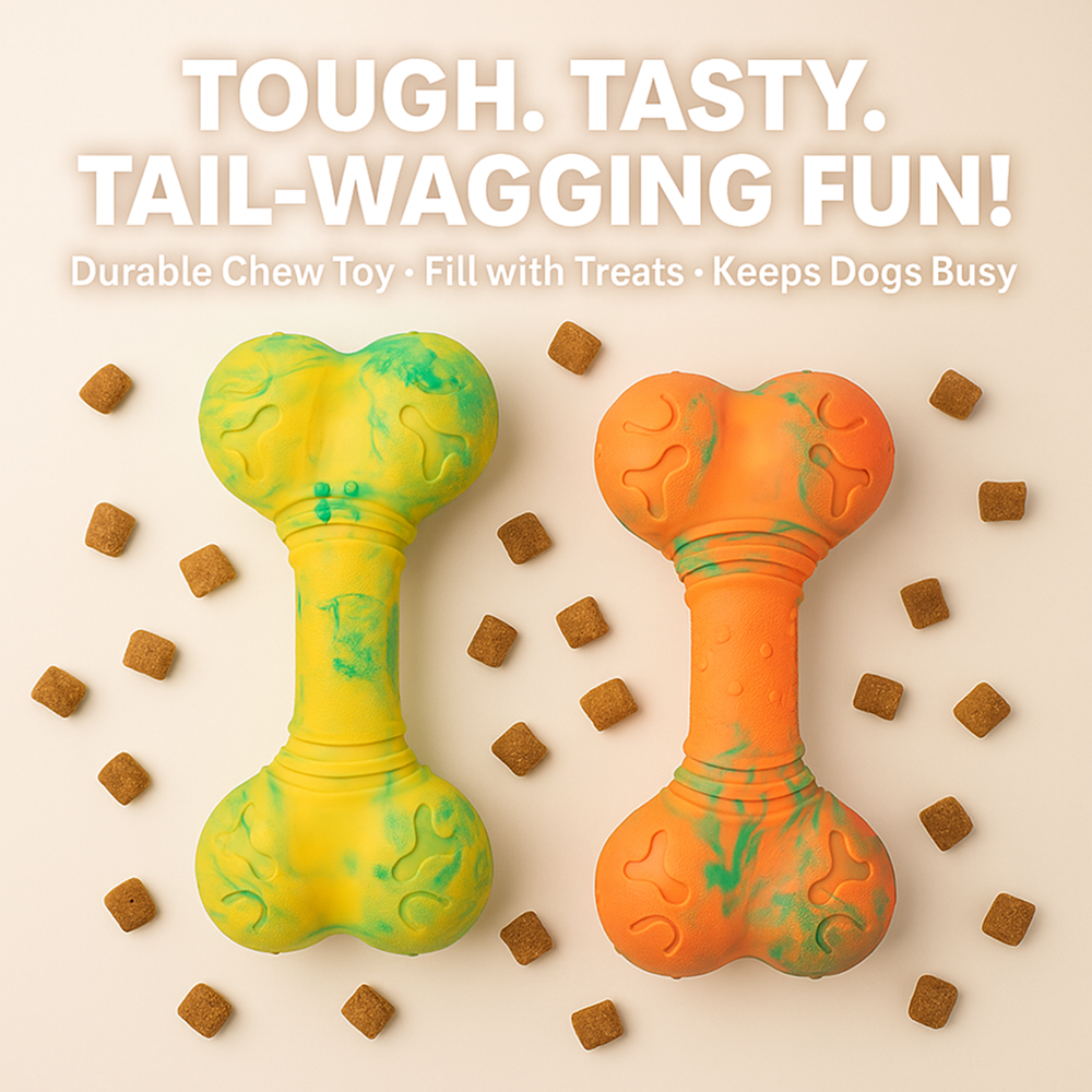 Talking Dog Club Rubber Bone Treat Dispenser Toy for Dogs (Orange) Dogs-Bowls & Feeders Talking Dog Club Dropship
