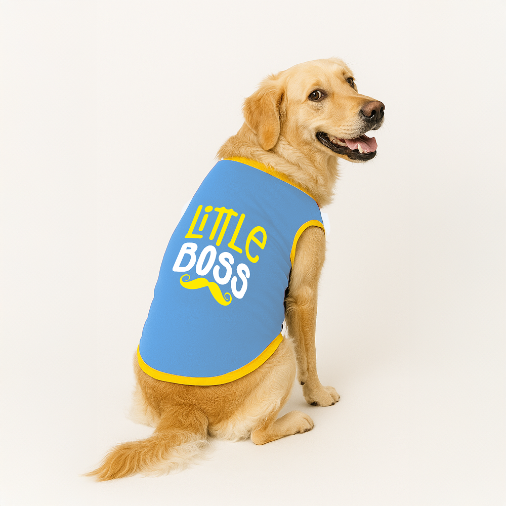 PawsIndia Little Boss Printed with Ribbed Sleeves TShirt for Dogs (Blue) Dogs-Clothing & Accessories Pawsindia Dropship M