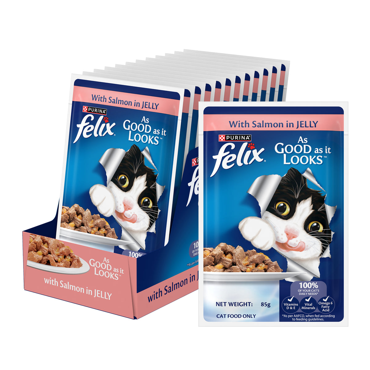Purina Felix with Salmon in Jelly Adult Complete and Balanced Cat Wet Food Cats-Wet Food Felix 12x85g+5kg Scoopy Litter