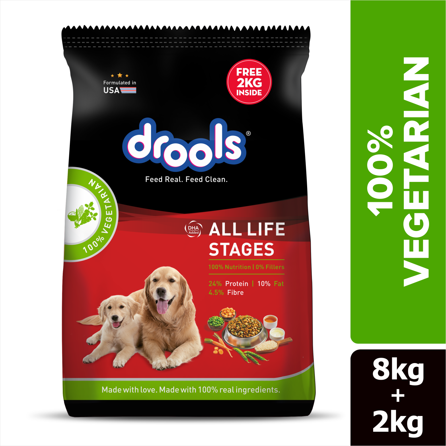 Drools 100% Vegetarian Puppy and Adult Dog Veg Dry Food (All Life Stages) Dogs- Dry Food Drools 8kg+2kg(Free Inside)