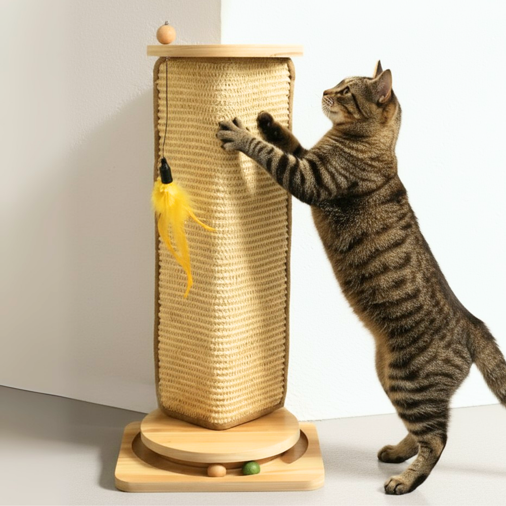 FurryLiving Cat Wall Scratcher Plus Space Saving Design for Wall Corners with Toys (Oak) Cats-Toys FurryLiving Dropship 61x28x28cm