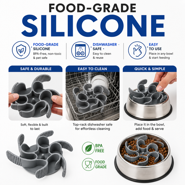 Talking Dog Club Universal Silicone Slow Feeder Bowl Attachment for Dogs and Cats (Grey)