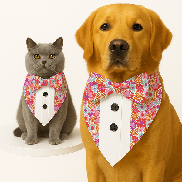PawsIndia Spring Blooms Pattern Tuxedo Bandana with Matching Bow for Dogs and Cats