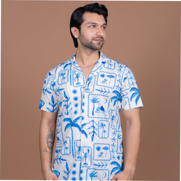 15 Buttons Blue Lagoon Pet Parent Shirt for Men (Blue/Off White)