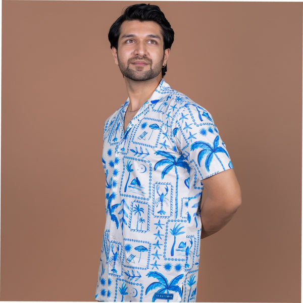15 Buttons Blue Lagoon Pet Parent Shirt for Men (Blue/Off White)