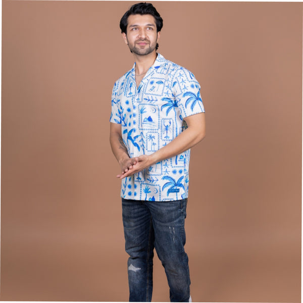 15 Buttons Blue Lagoon Pet Parent Shirt for Men (Blue/Off White)