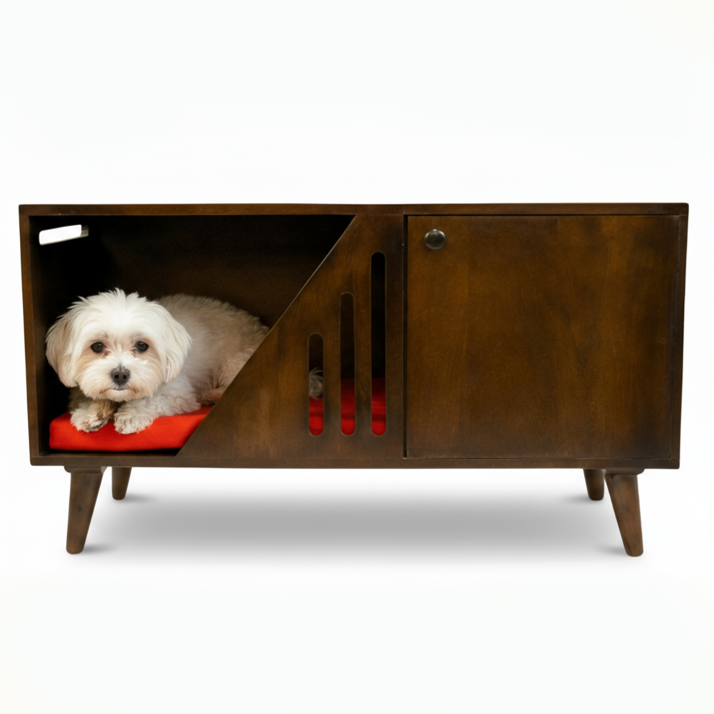 FurryLiving Benji Cabinet with Cushion for Small Dogs and Cats (Dark Brown/Red Cushion) Both-Furniture FurryLiving Dropship 38x16x21in