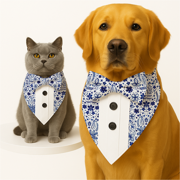 PawsIndia Santorini Pattern Tuxedo Bandana with Matching Bow for Dogs and Cats