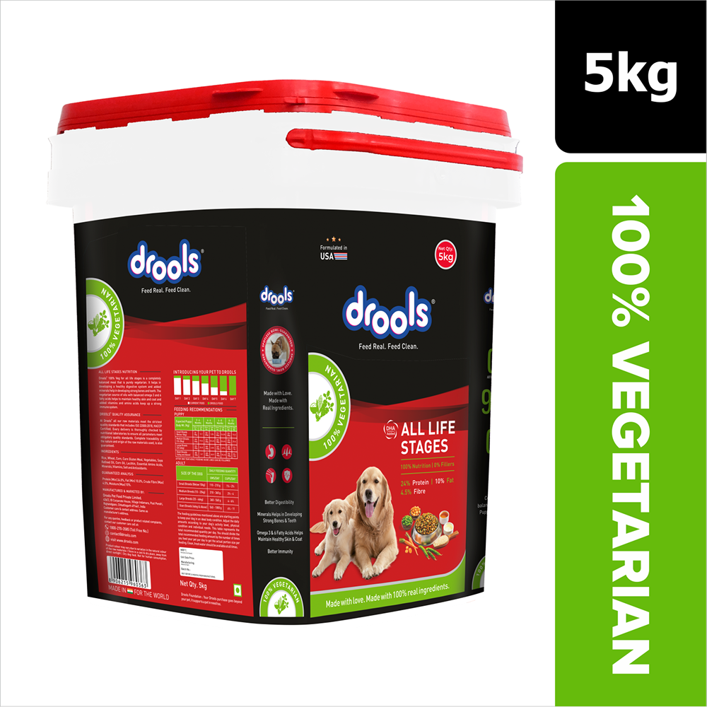 Drools 100% Vegetarian Puppy and Adult Dog Veg Dry Food (All Life Stages) Dogs- Dry Food Drools 5kg