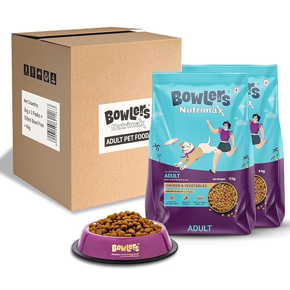 Bowlers Nutrimax Chicken and Vegetables Adult Dog Dry Food Dogs- Dry Food Bowlers 2x3kg + 700ml Bowl Free