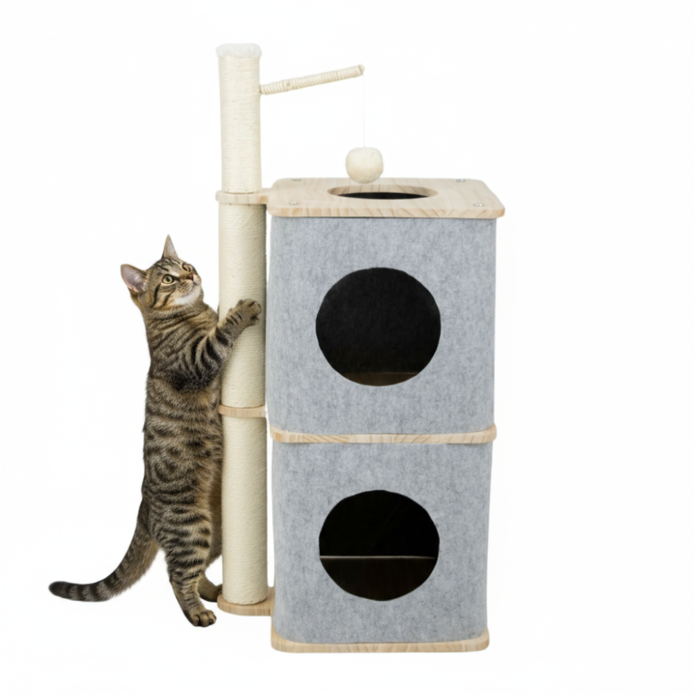 FurryLiving Nara Dual-Level Felt Condo with Scratch Pole & Hanging Toy Cat Tree Cats-Toys FurryLiving Dropship 33.5x33.5x80cm