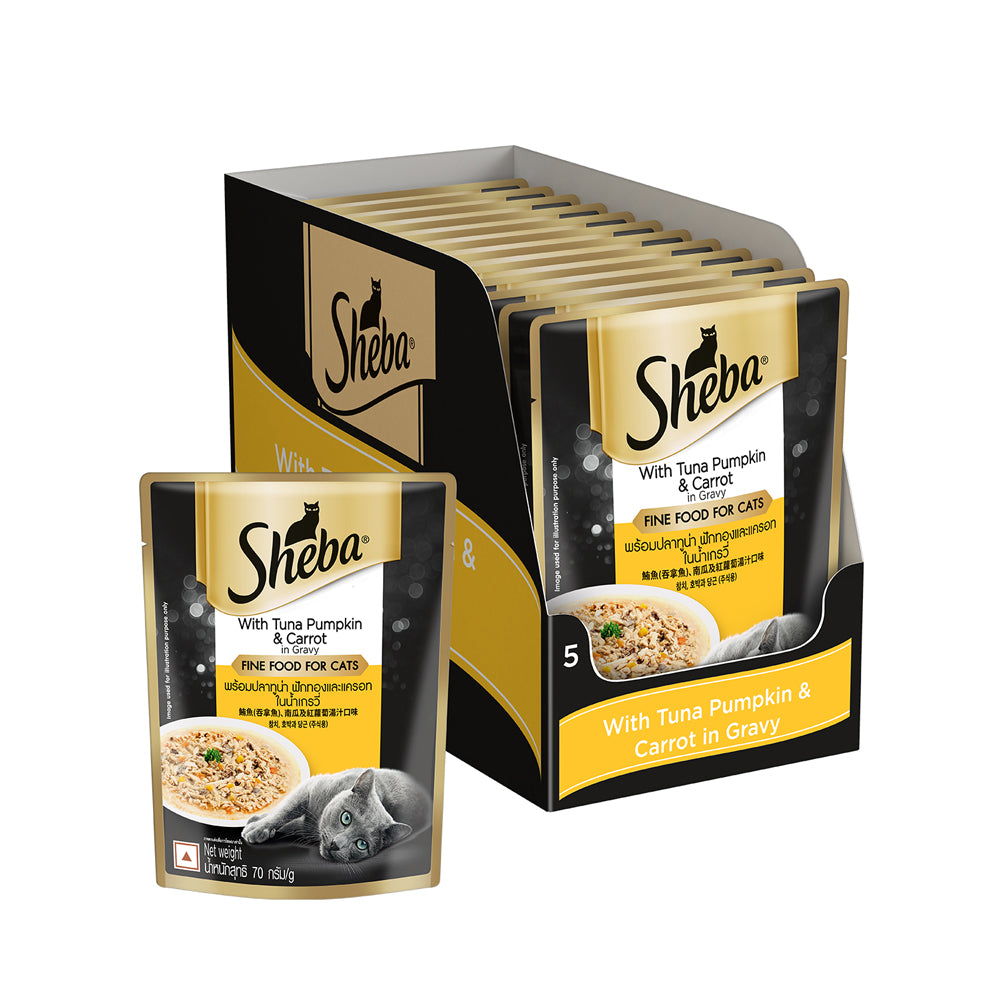 Sheba Tuna Pumpkin & Carrot In Gravy Rich Premium Adult Fine Cat Wet Food and Salmon Flavour Irresistible All Life Stages Cat Dry Food Combo Exclusive Combo Sheba