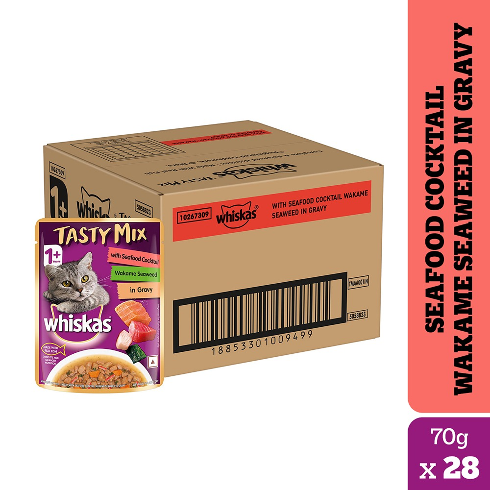 Whiskas Seafood Cocktail With Wakame Seaweed in Gravy Tasty Mix Adult Cat Wet Food Cats-Wet Food Whiskas 28x70g