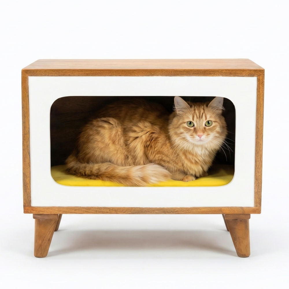 FurryLiving Telly Side Table with Cushion for Small Dogs and Cats (Honey/Yellow Cushion) Both-Furniture FurryLiving Dropship 20x12x16in