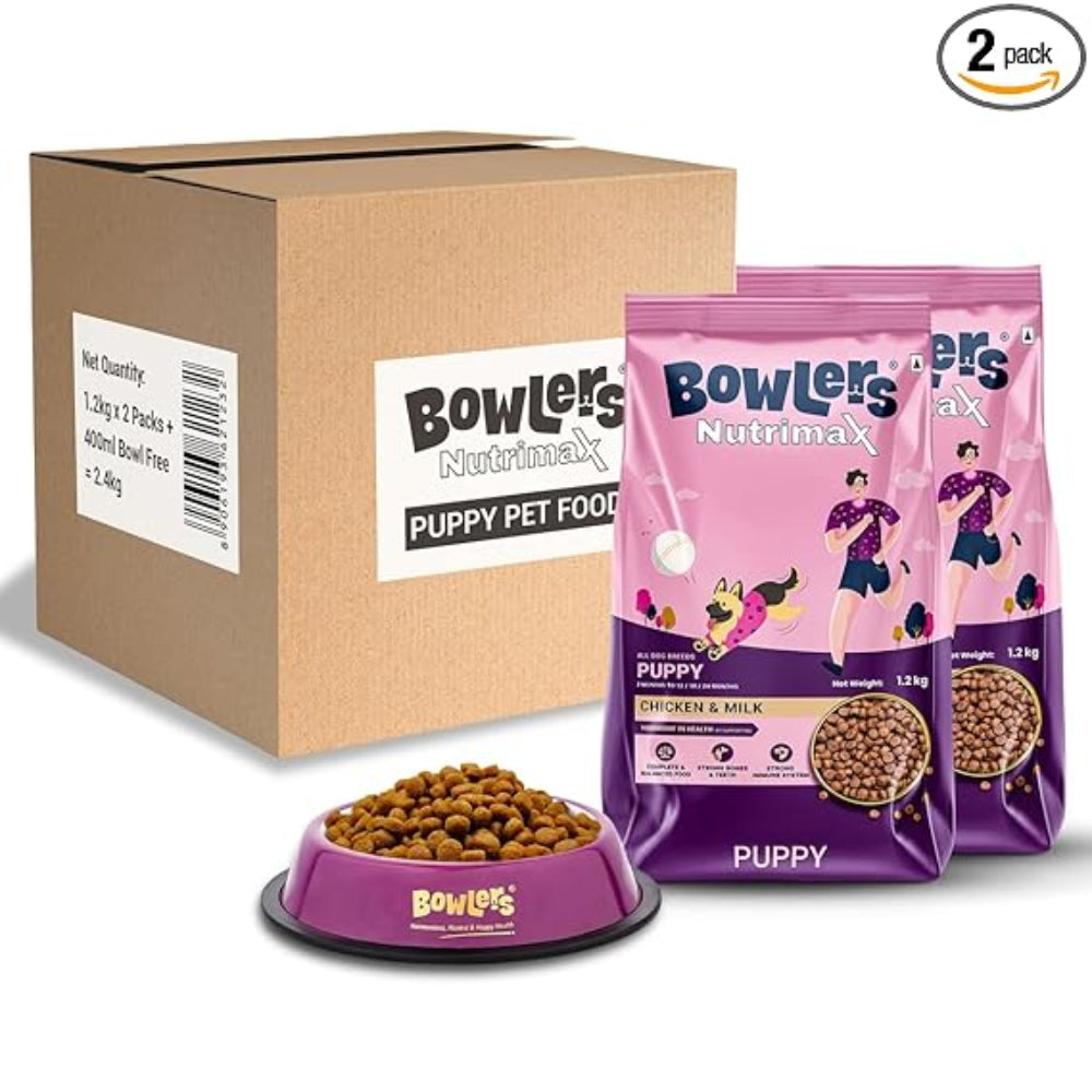 Bowlers Chicken and Milk Nutrimax Puppy Dog Dry Food Dogs- Dry Food Bowlers 2x1.2kg + 400ml Bowl Free