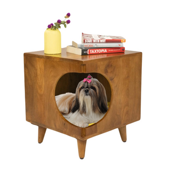 FurryLiving Wally Side Table with Cushion for Small Dogs and Cats (Honey/Yellow Cushion)