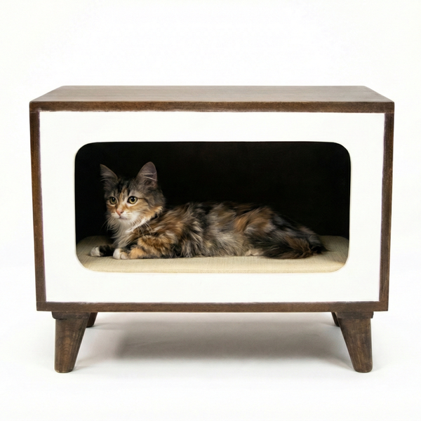 FurryLiving Telly Side Table with Cushion for Small Dogs and Cats (Dark Brown/Cream Cushion)