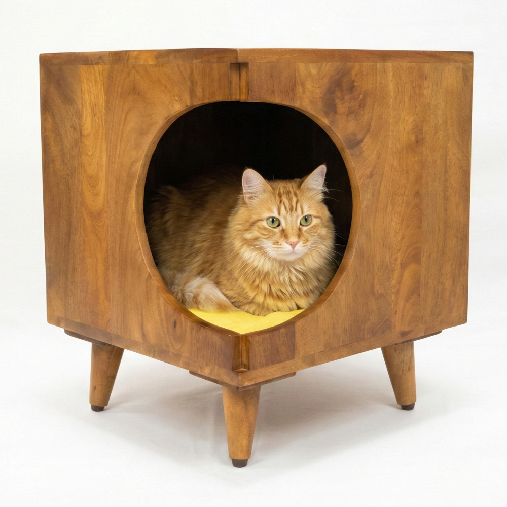 FurryLiving Wally Side Table with Cushion for Small Dogs and Cats (Honey/Yellow Cushion) Both-Furniture FurryLiving Dropship 16x16x17.75in