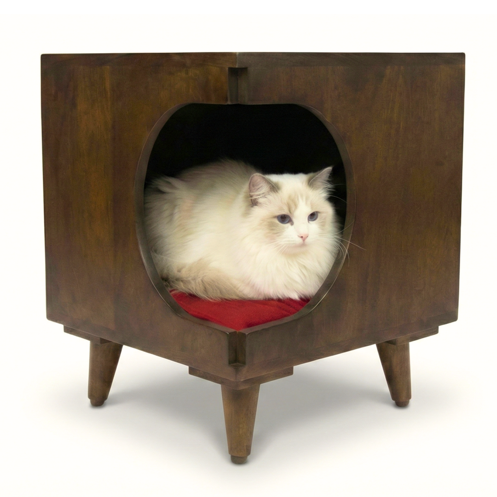 FurryLiving Wally Side Table with Cushion for Small Dogs and Cats (Dark Brown/Red Cushion) Both-Furniture FurryLiving Dropship 16x16x17.75 in
