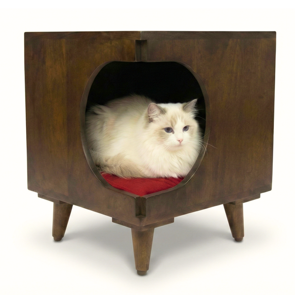 FurryLiving Wally Side Table with Cushion for Small Dogs and Cats (Dark Brown/Red Cushion)