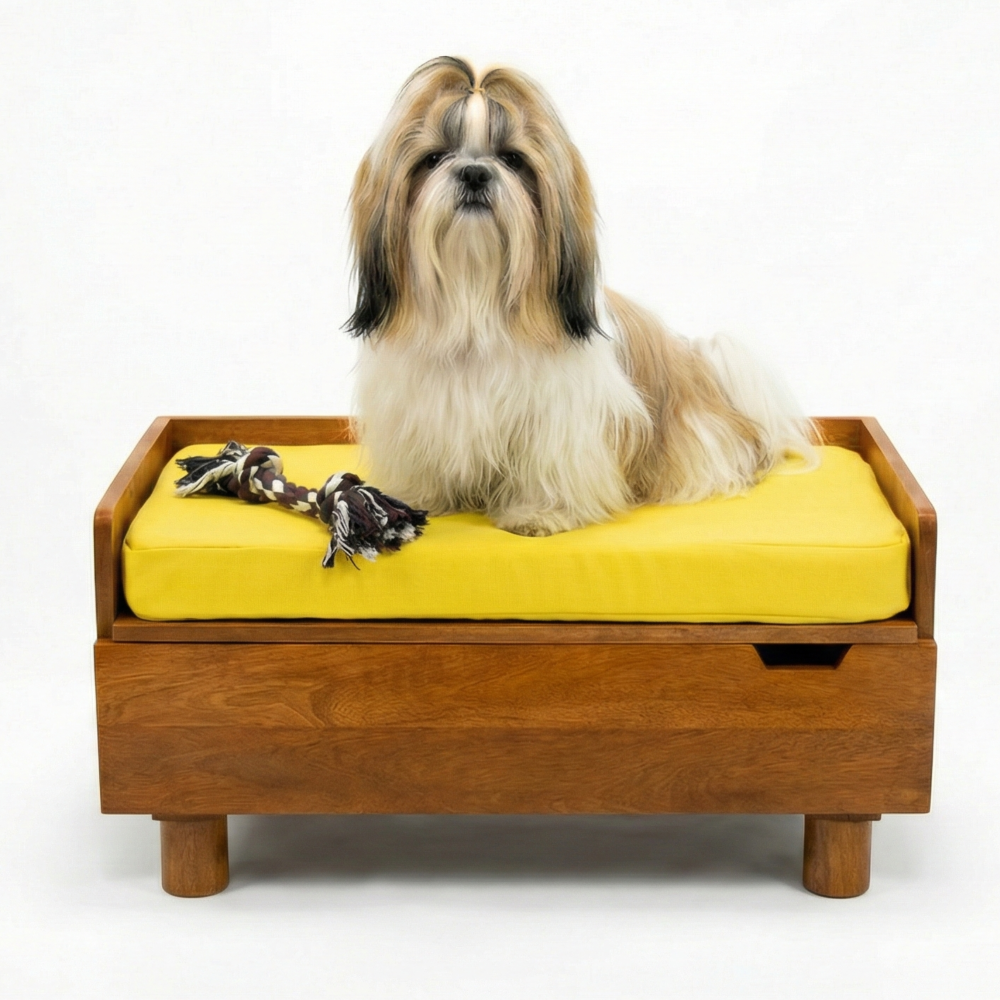 FurryLiving Hibachi Bed with Storage for Dogs (Honey/Yellow Cushion) Both-Furniture FurryLiving Dropship M:30x18x14in