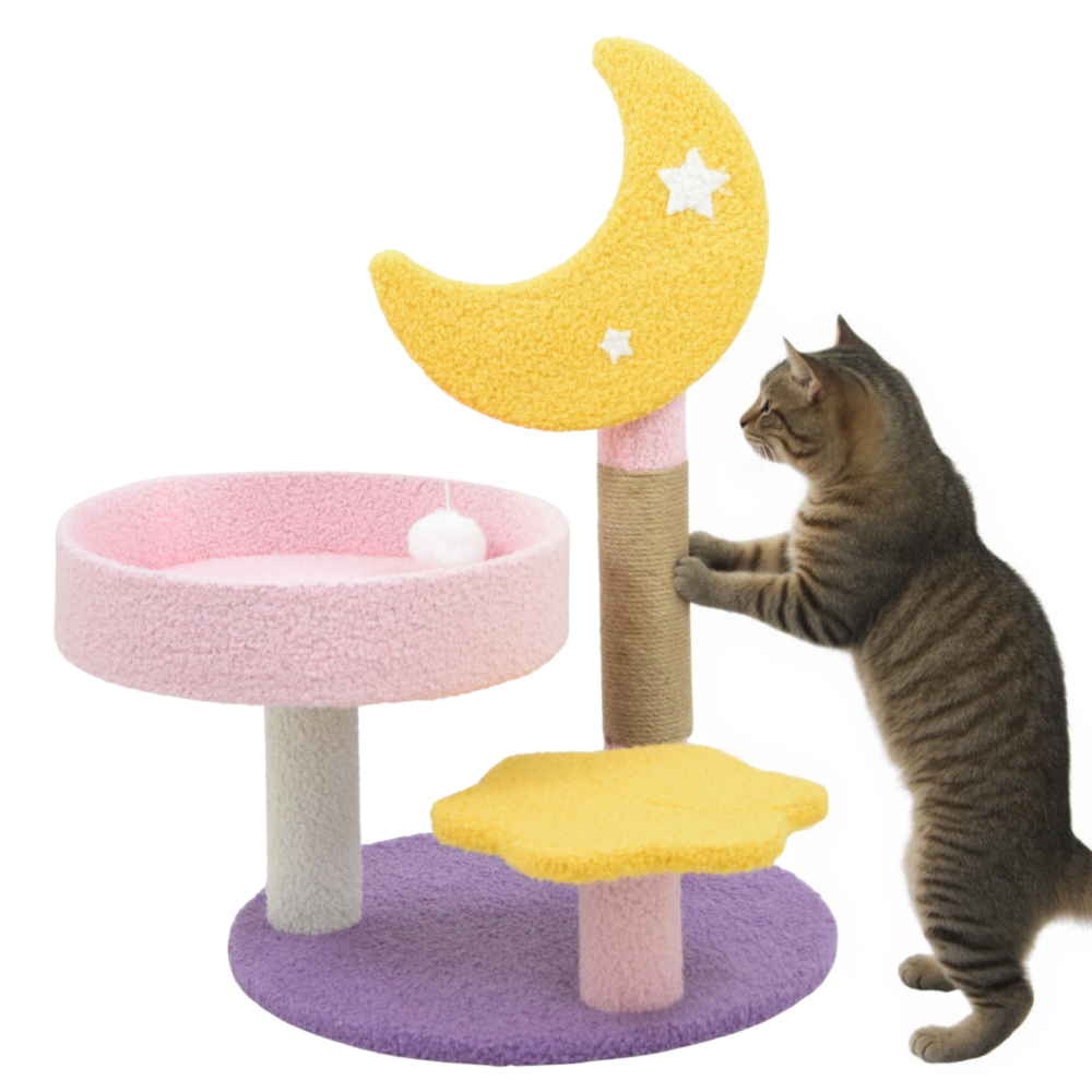 FurryLiving Tsuki Moon Themed Cat Tree 3 Tier Cat and Kitten Scratching Post and Hanging Toy for Cats Cats-Toys FurryLiving Dropship 42x42x63cm