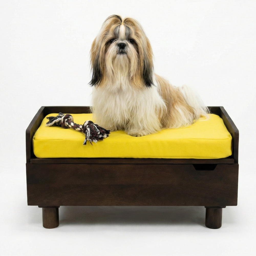 FurryLiving Hibachi Dark Brown Bed with Storage for Dogs (Dark Brown/Yellow Cushion) Both-Furniture FurryLiving Dropship M:30x18x14in