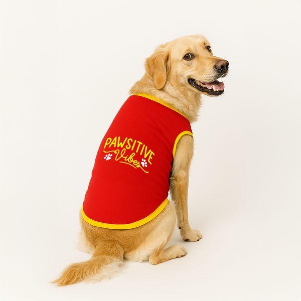 PawsIndia Pawsitive Vibes Printed with Ribbed Sleeves TShirt for Dogs (Red)