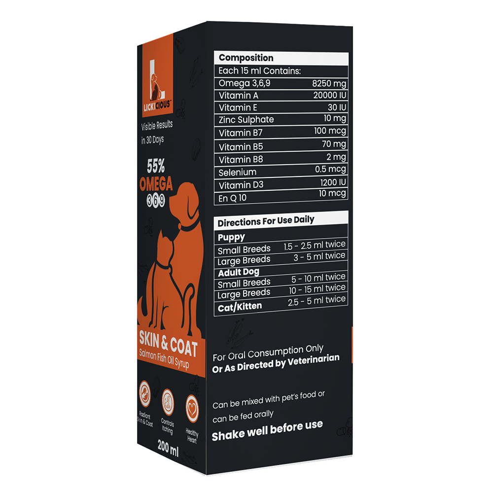 Lickicious Skin & Coat Syrup with Salmon Oil Omega 3 6 9 for Dogs & Cats Both-Health & Wellness Lickicious